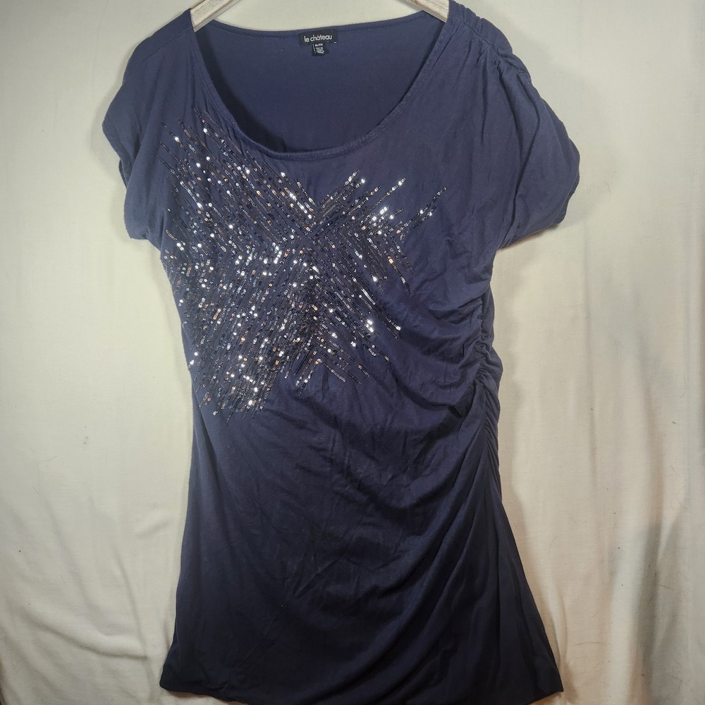 Y2k Le Chateau Navy Blue Sequin Starburst Tunic Top Short Sleeve Ruched XL